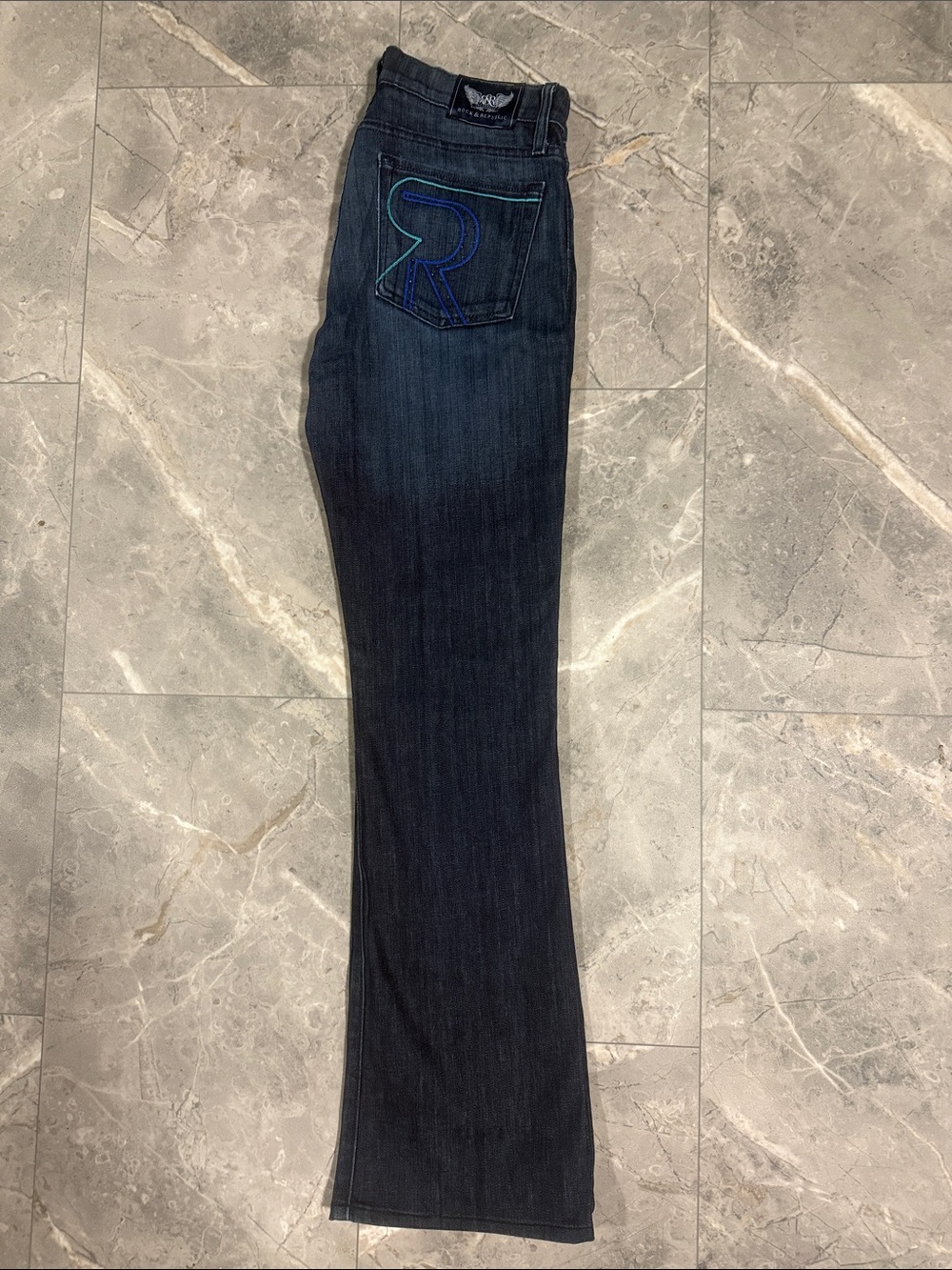 Rock & Republic Dark Wash Flare Jeans with Blue Accent Stitching